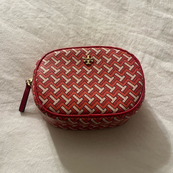 Tory Burch Red and Cream Woven Cosmetic Case - Picture 1 of 5